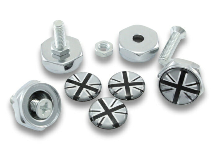 ナンバープレート ボルトカバー ブラックユニオンジャック柄 4個セット 盗難抑止 汎用 BMW MINI(ミニクーパー)などに アクセサリー カスタムパーツ R55/R56/R57/R58/R59/R60/R61/F54/F55/F56/F57/F60