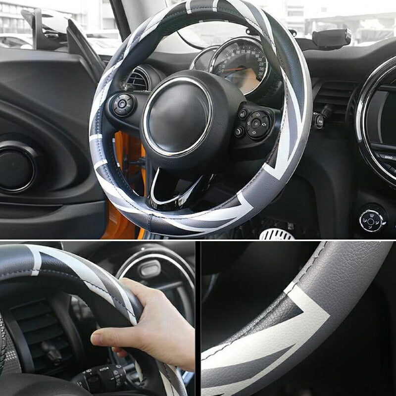 ハンドルカバー 全4色 送料無料 PUレザー製 BMW MINI ミニ クーパーなどに最適 ハンドル カバー ステアリングカバー アクセサリー パーツ ユニオンジャック チェッカー カスタマイズ 車用品 カーインテリア ドレスアップ 内装パーツ