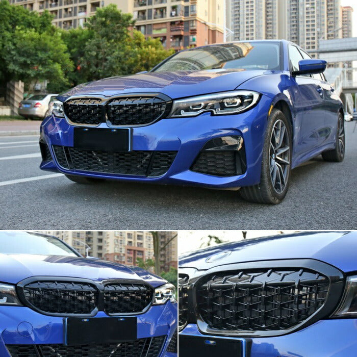 BMW 3シリーズ G20 G21 前期 2019年?2022年 フロントグリル ダイヤモンドグリル カメラ有り グロスブラック 艶有ブラック クロームメッキ キドニーグリル M340i仕様 メッシュグリル アクセサリー カスタム パーツ ドレスアップ エアロ グリル