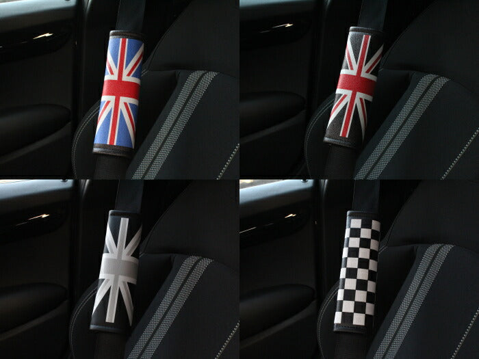 BMW MINI ミニクーパー ユニオンジャック シートベルト カバー 2個セット 全4色 PUレザー製 チェッカーフラッグ シートベルトカバー クッション パッド カスタマイズ 車用品 カーインテリア ドレスアップ 内装パーツ