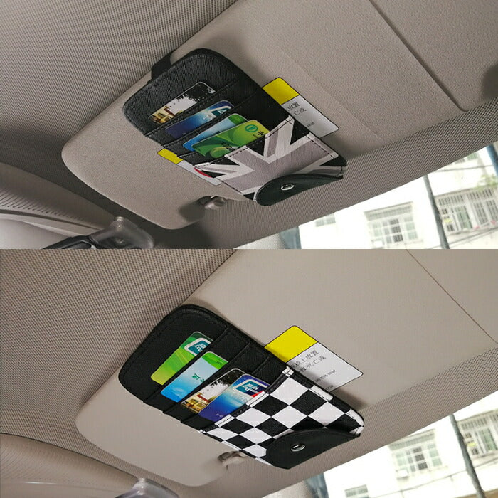 BMW ミニ などに最適 サンバイザー カード ホルダー 全4色 駐車券 サングラス メガネ パーキング バイザー ユニオンジャック チェッカーフラッグ アクセサリー インテリア カスタマイズ 車用品 カーインテリア ドレスアップ 内装パーツ