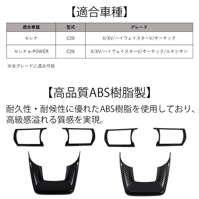 セレナ C28 ステアリング パネル カバー トリム ガーニッシュ 3点セット 1台分 ピアノブラック カーボン調 SERENA 新型 ステアリングスイッチ ボタン e-power 車用品 車内 アクセサリー カスタム パーツ 内装 外装 ドレスアップ