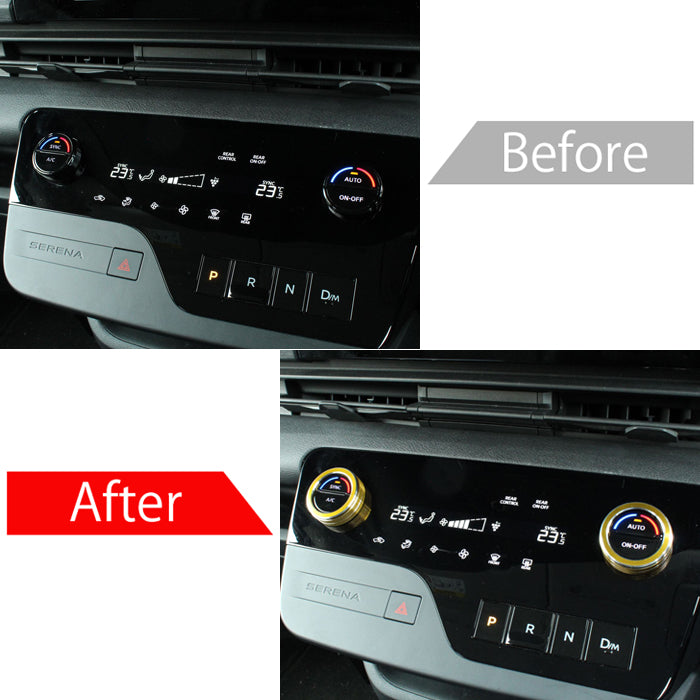 日産 ニッサン セレナ C28 エアコン ダイヤル カバー アルミ製 2個セット 温度 調整 ノブ スイッチ e-power eパワー ハイウェイスターV XV X ルキシオン 全グレード センターコンソール パネル アクセサリー カスタム パーツ カスタムパーツ 内装 ドレスアップ