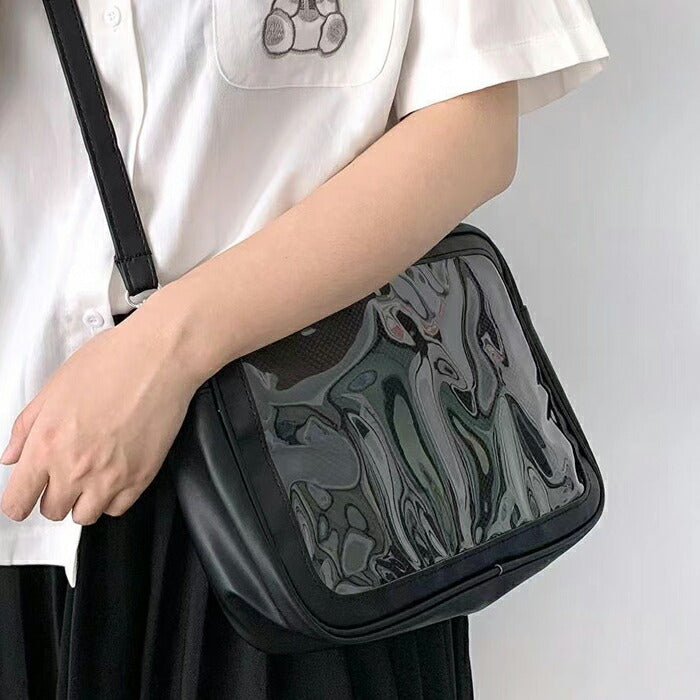 痛バッグ ショルダーバッグ PUレザー製 痛バ いたバッグ いたバ オタ活 ヲタ活 推し活 ヲタバッグ オタバッグ 缶バッジ おし活 透明 クリア 窓 レディース カワイイ かわいい