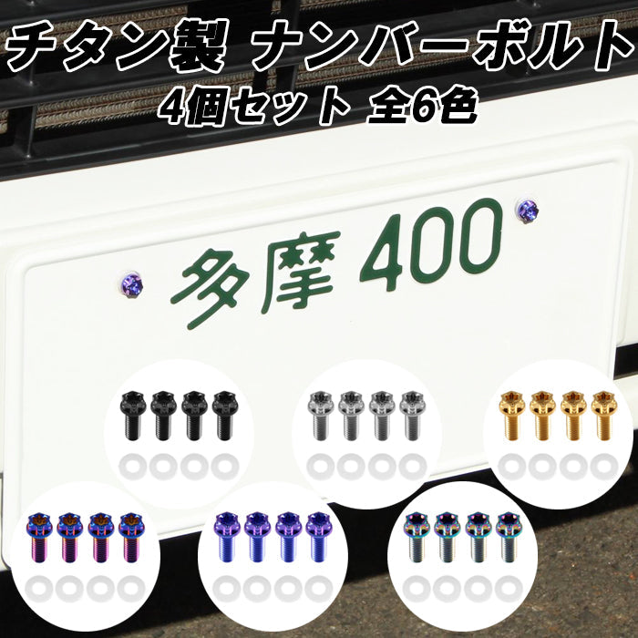 チタン ナンバーボルト 4本セット M6×15 自動車 軽自動車 普通車 トラック 錆びない おしゃれ キャップ ワッシャー付き トルクス工具付き 盗難防止 ライセンス ボルト
