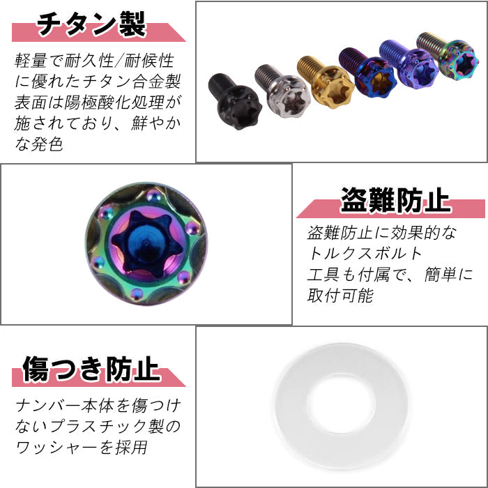 チタン ナンバーボルト 2本セット M6×15 バイク オートバイ 錆びない おしゃれ キャップ ワッシャー付き トルクス工具付き 盗難防止 ライセンス ボルト