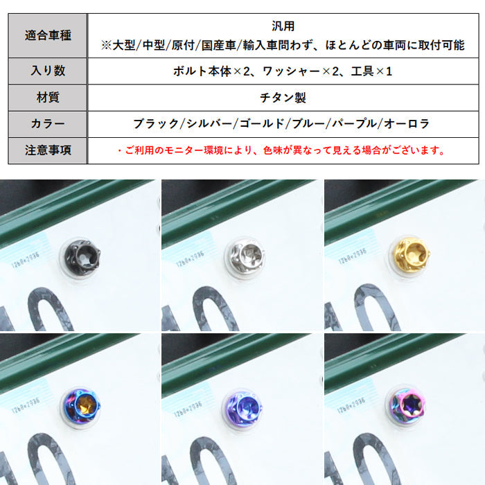 チタン ナンバーボルト 2本セット M6×15 バイク オートバイ 錆びない おしゃれ キャップ ワッシャー付き トルクス工具付き 盗難防止 ライセンス ボルト