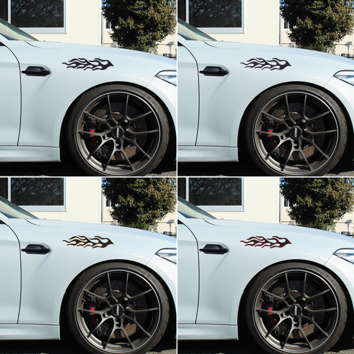 フレア ステッカー 汎用 2枚 左右セット 車 バイク ドリ車 JDM フェンダー ボンネット などに最適 フレアパターン 炎 メッキ シール エンブレム 外装 ドレスアップ アクセサリー カスタム パーツ カスタムパーツ